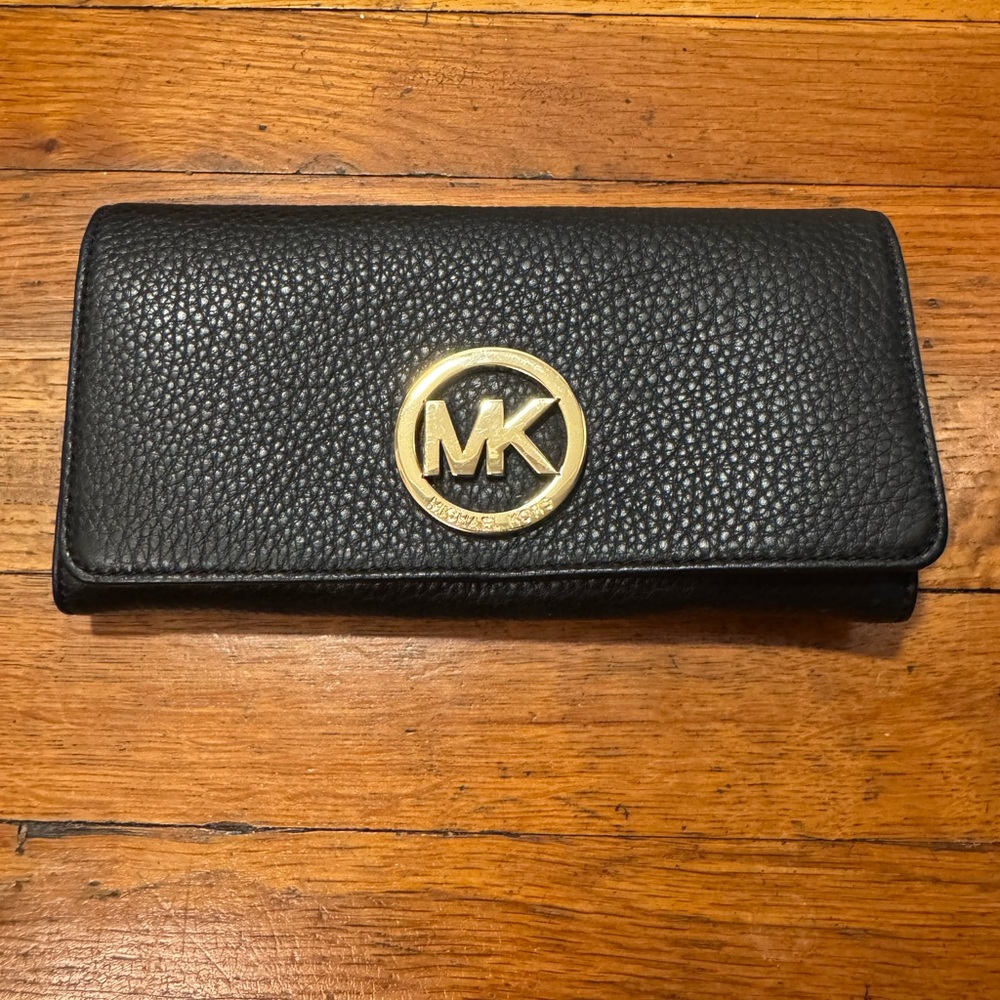 Michael Kors Black Pebbled Wallet with Gold Emblem